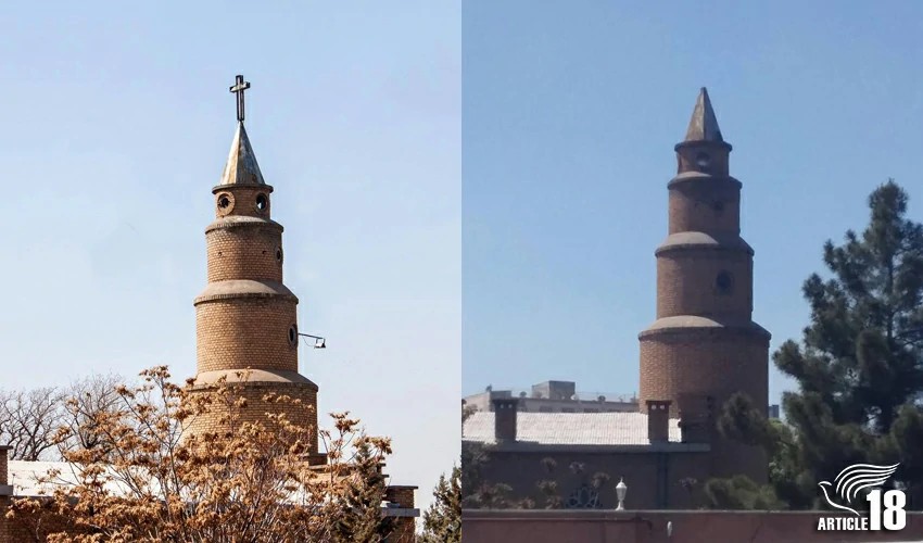 Na primeira imagem, a igreja está intacta. Na segunda, após a invasão, a cruz já foi retirada da torre